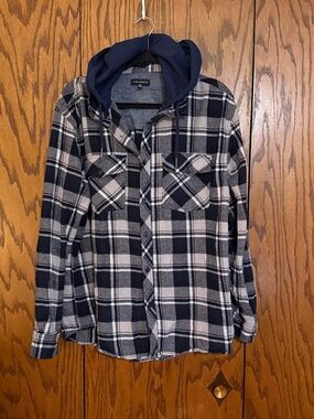 Silver Jeans Co Hooded Flannel Shirt XXL Plaid Grunge Layered Hoodie Button Up